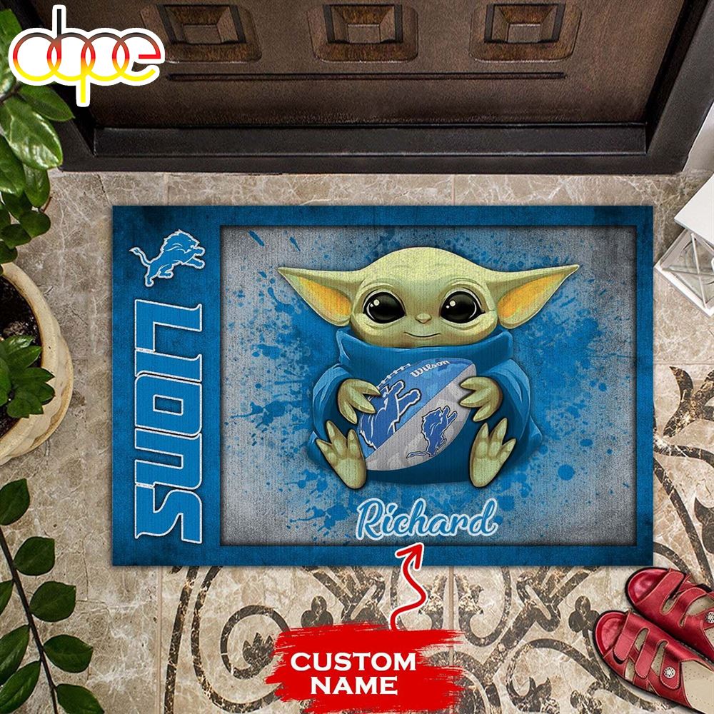 Personalized Detroit Lions Baby Yoda All Over Print 3D Doormats Blue Qs844a
