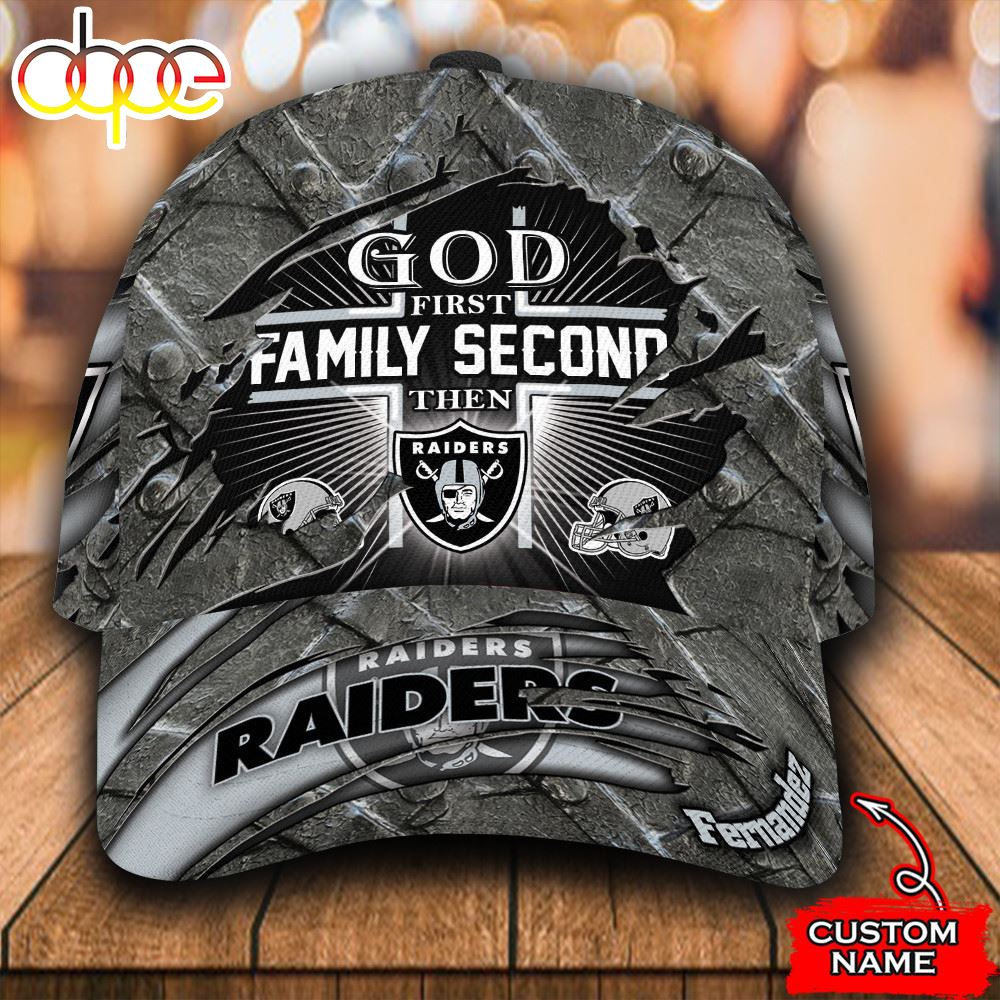 Personalized God First Family Second Then Las Vegas Raiders All Over Print 3D Baseball Cap Kzv7vl