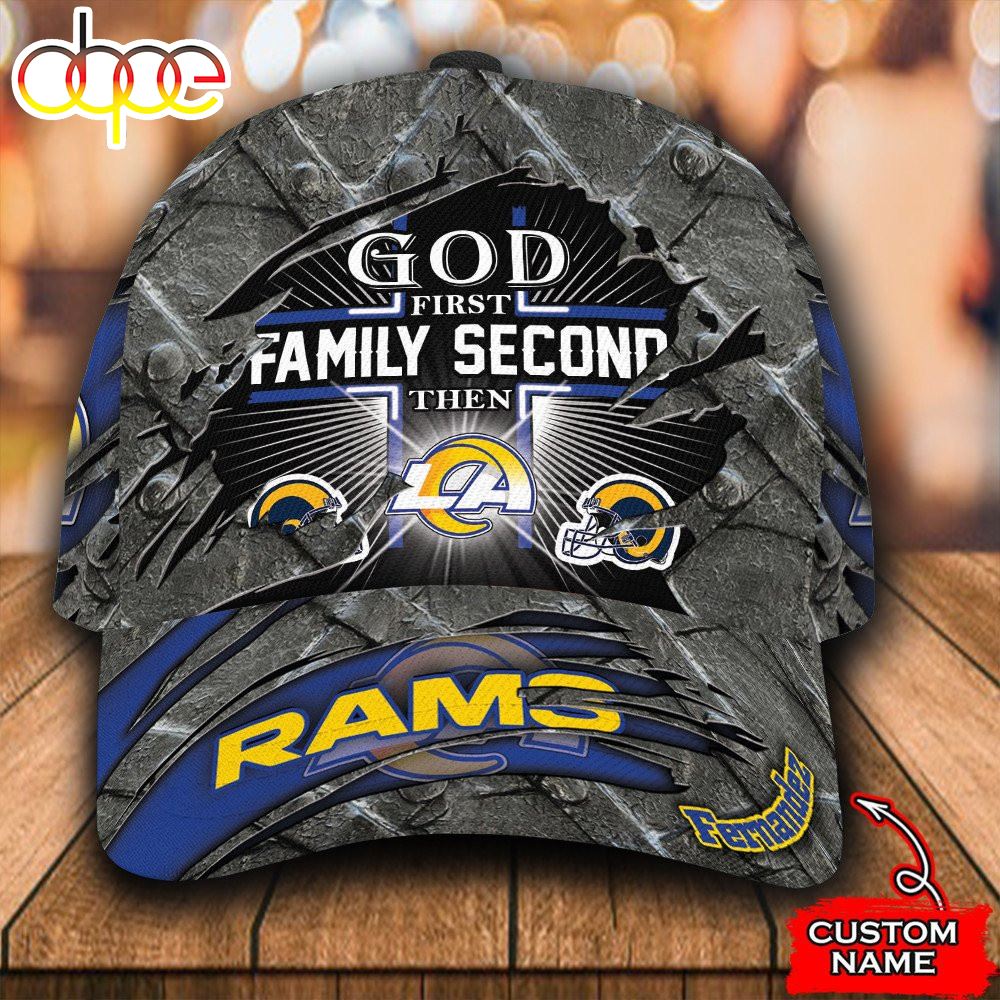 Personalized God First Family Second Then Los Angeles Rams All Over Print 3D Baseball Cap Bz5qcc