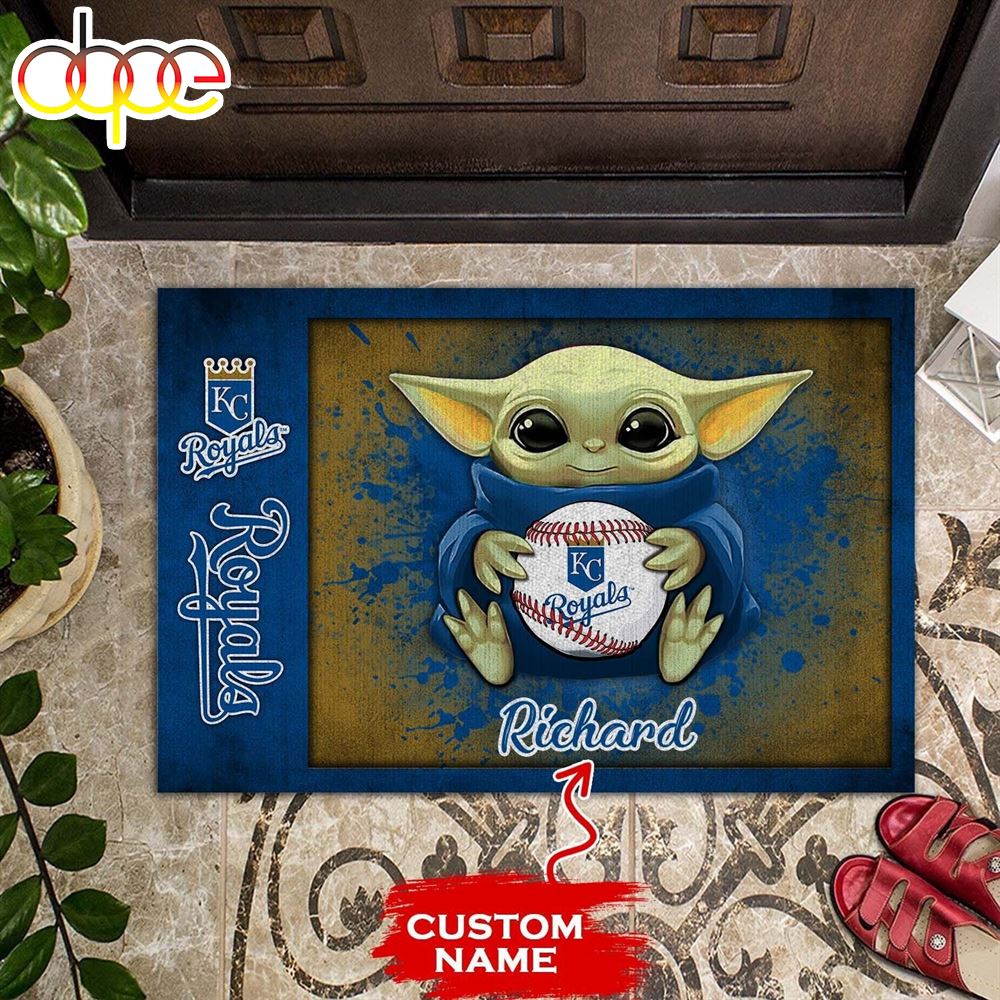 Personalized Kansas City Royals Baby Yoda All Over Print 3D Doormats Emdpxt