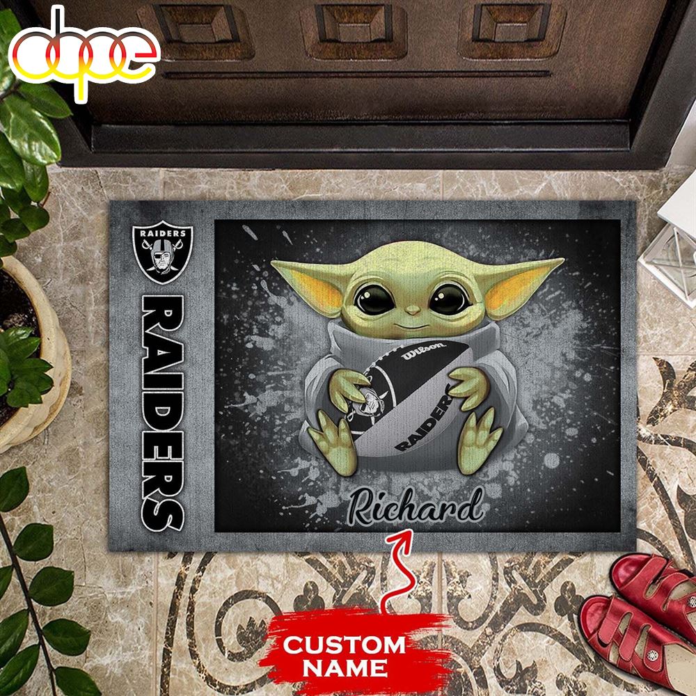 Personalized Las Vegas Raiders Baby Yoda Holding Rugby Ball All Over Print 3D Doormats Gkuliw
