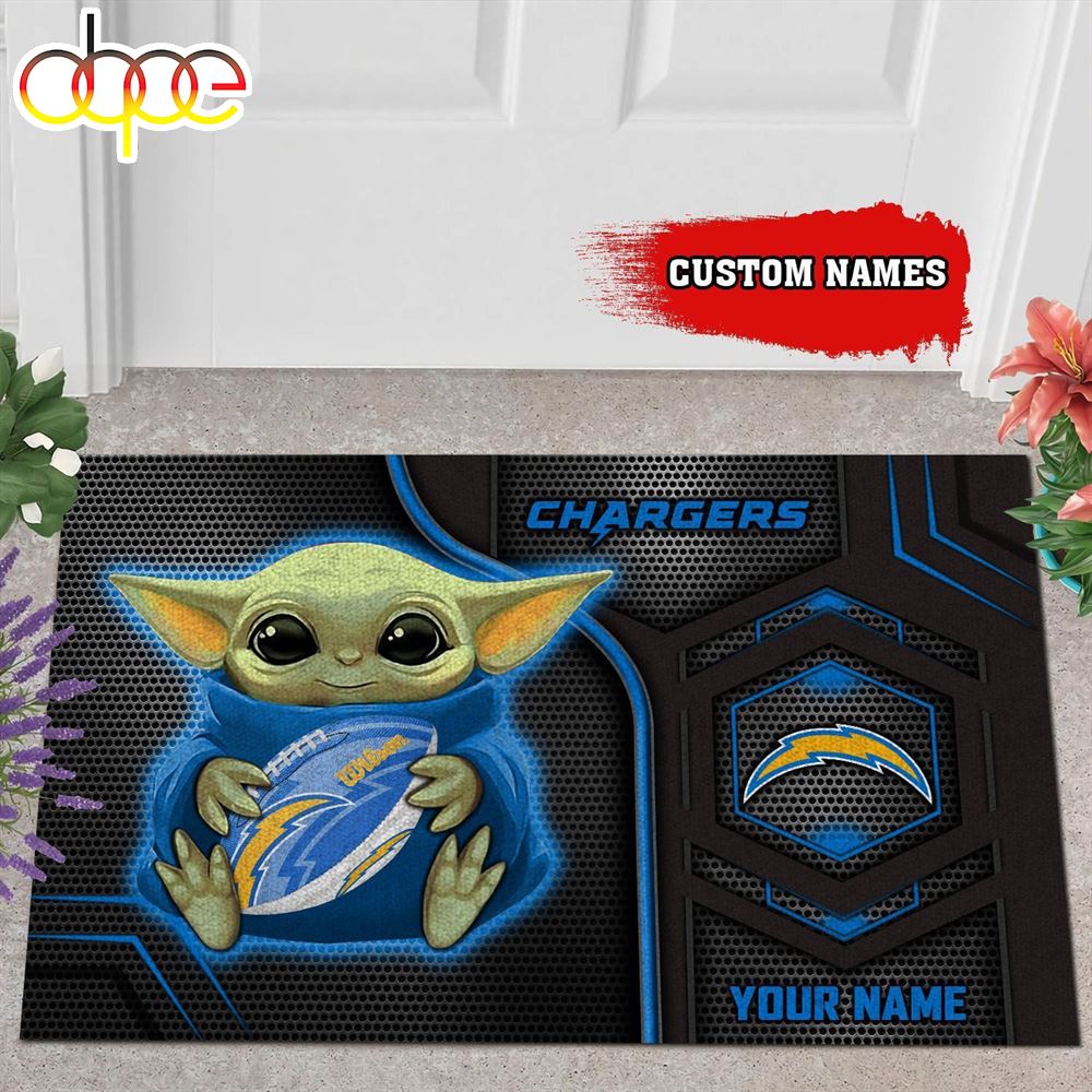 Personalized Los Angeles Chargers Baby Yoda All Over Print 3D Doormats V1gfqu