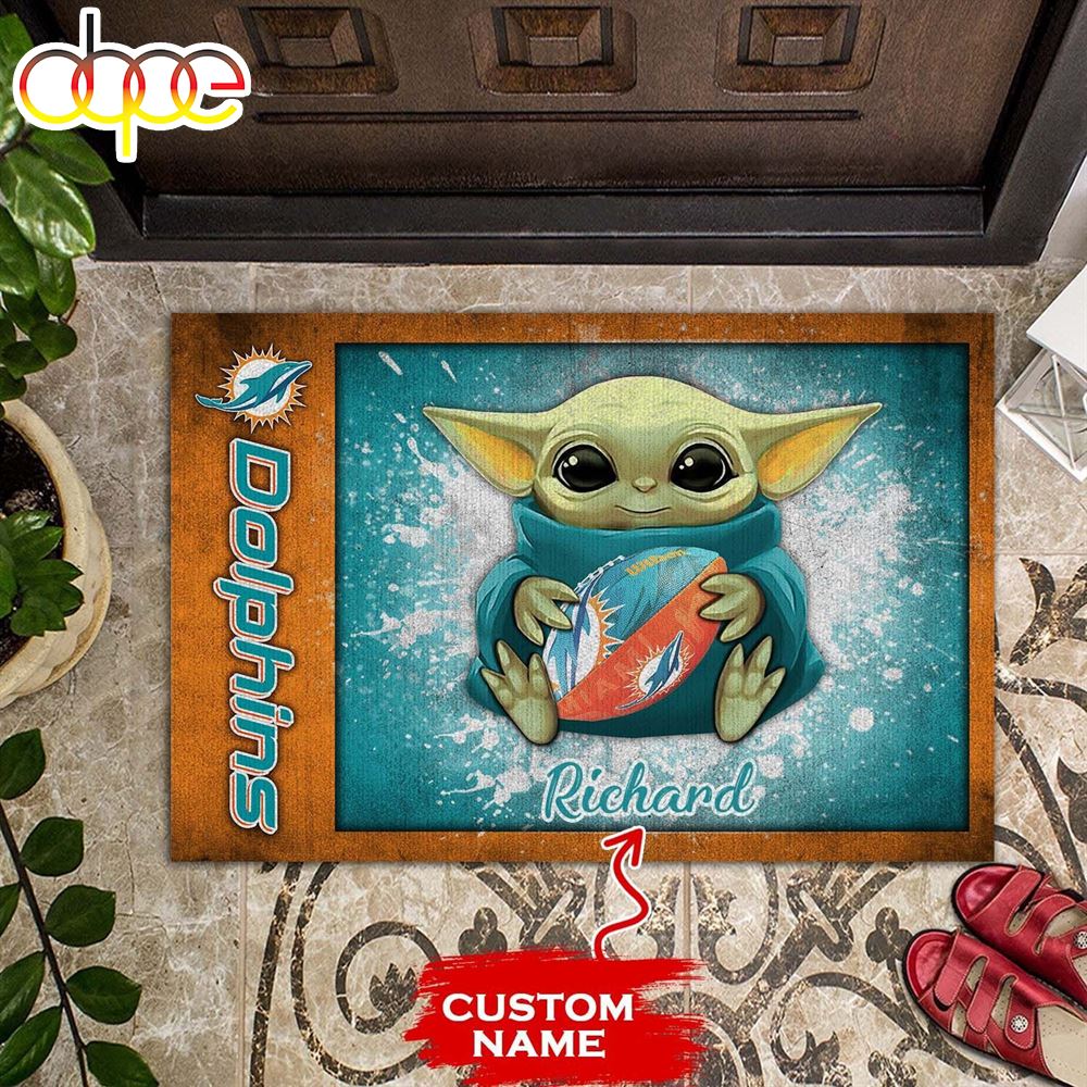 Personalized Miami Dolphins Baby Yoda All Over Print 3D Doormats Rxfg3n