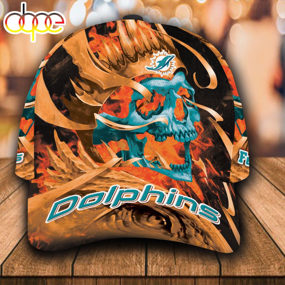 Personalized Miami Dolphins Fire Skull All Over Print 3D Baseball Cap Ydwm6w