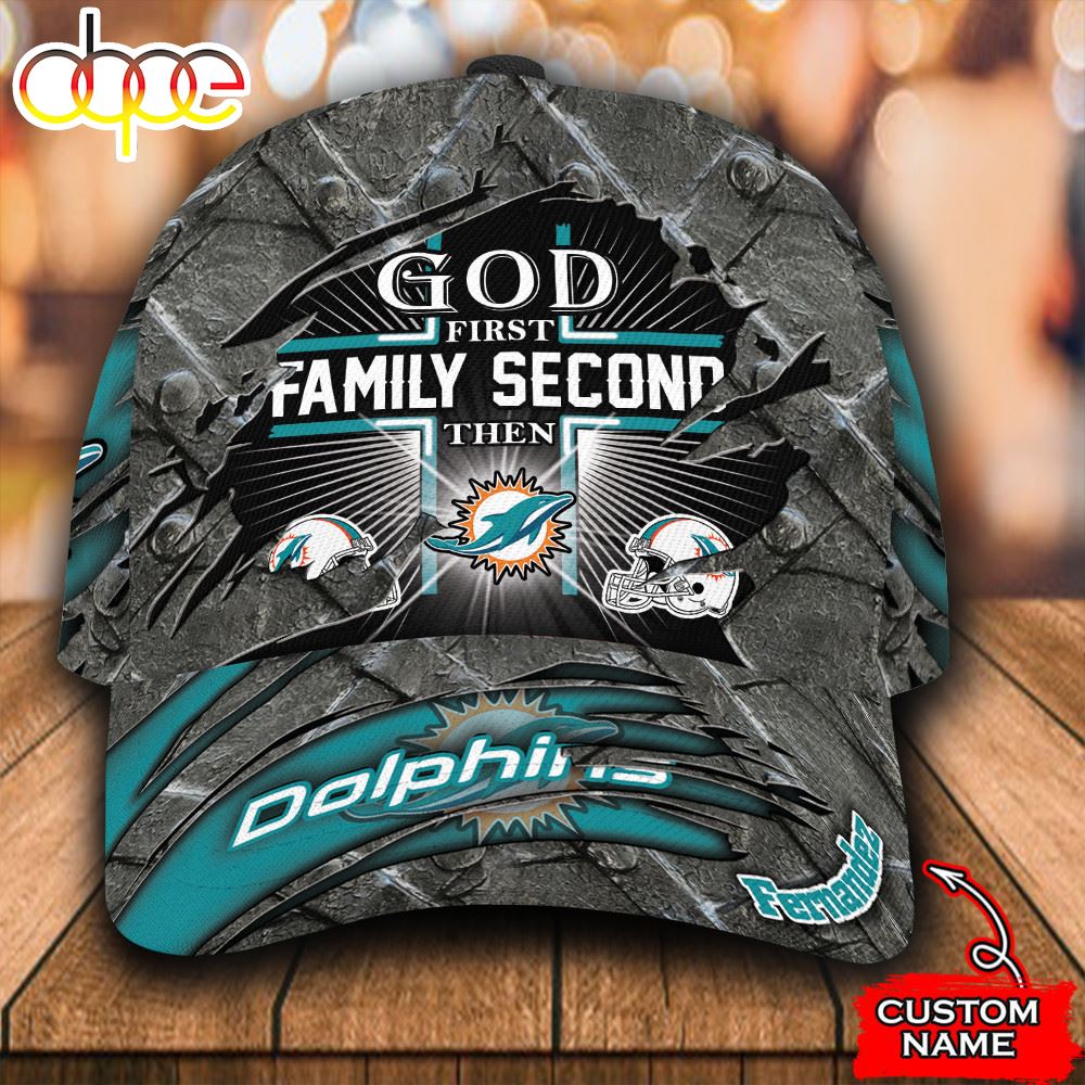 Personalized Miami Dolphins God First Family Second Text All Over Print 3D Classic Cap Qe2lvw