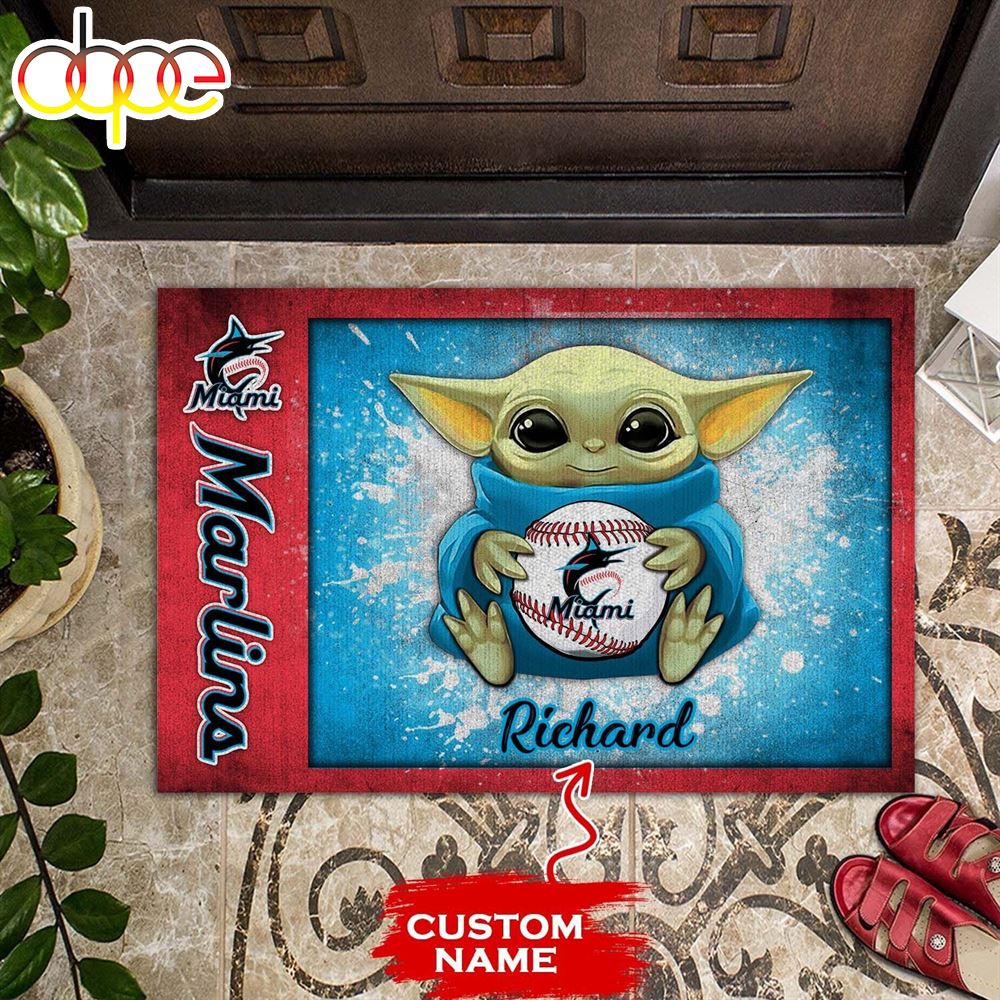 Personalized Miami Marlins Baby Yoda Holding Baseball All Over Print 3D Doormats Jjlrux
