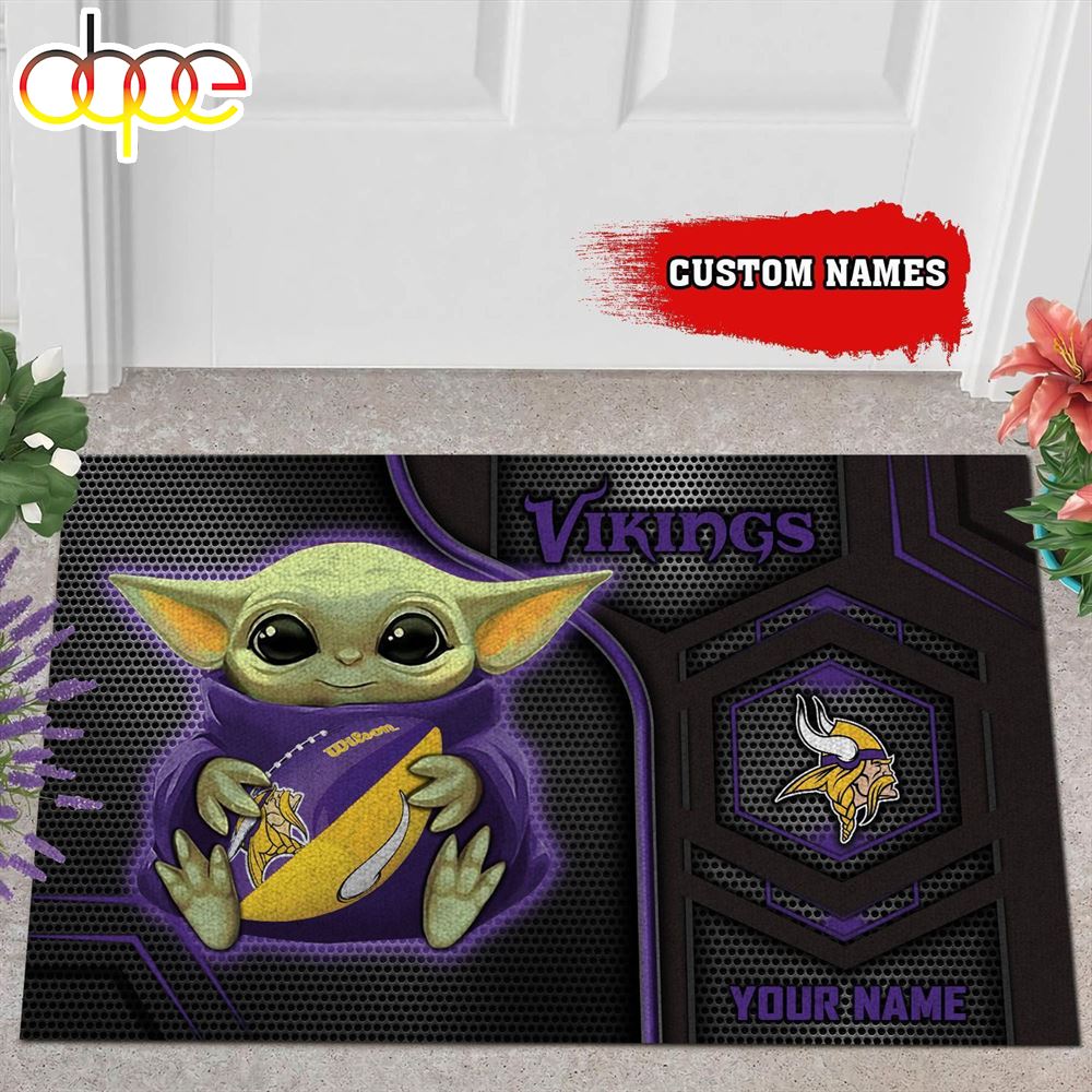 Personalized Minnesota Vikings Baby Yoda All Over Print 3D Doormats P2rtcc