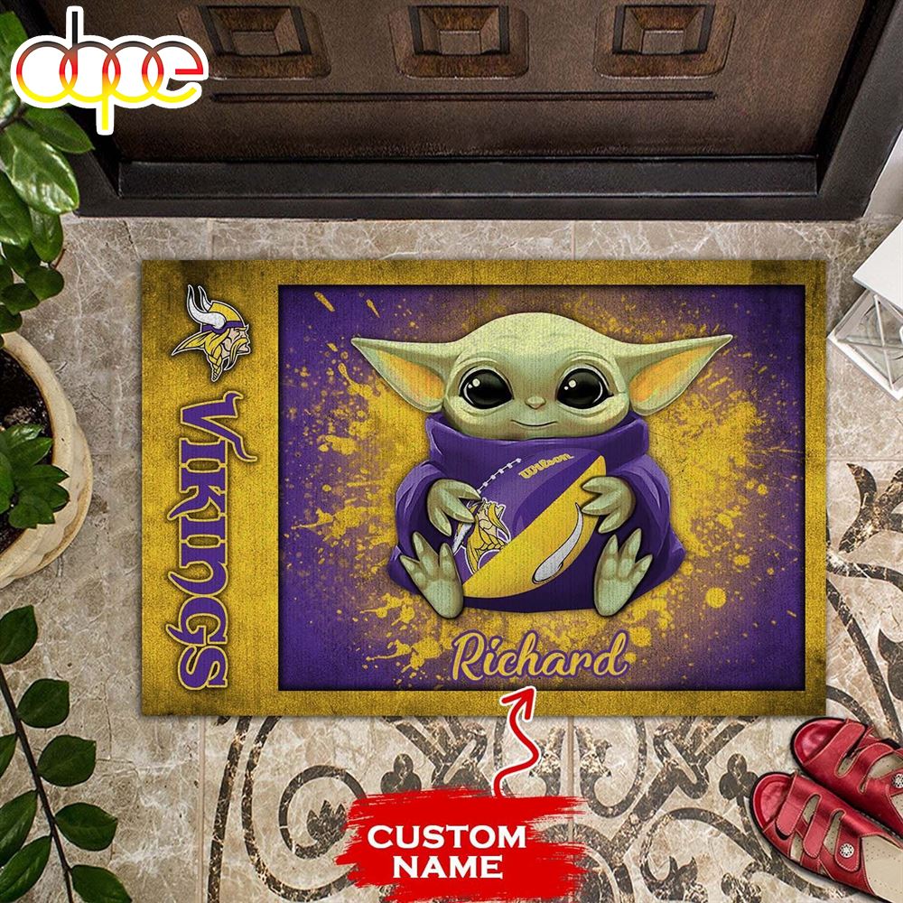 Personalized Minnesota Vikings Baby Yoda Holding Rugby Ball All Over Print 3D Doormats Bzfqyz
