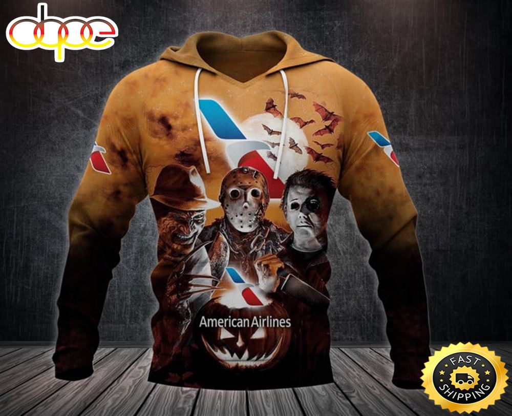 American Airlines Logo With Michael Myers And Freddy Krueger And Jason Voorhees Pumpkin Halloween All Over Print Hoodie F2f7mw