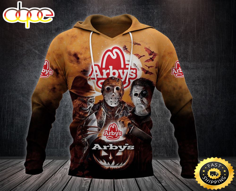 Arby S Logo With Michael Myers And Freddy Krueger And Jason Voorhees Pumpkin Halloween All Over Print Hoodie Pmgax6