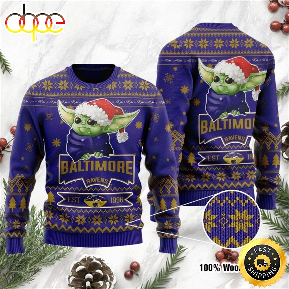 Baltimore Ravens Cute Baby Yoda Grogu Holiday Party Ugly Christmas Sweater Kjnhfw