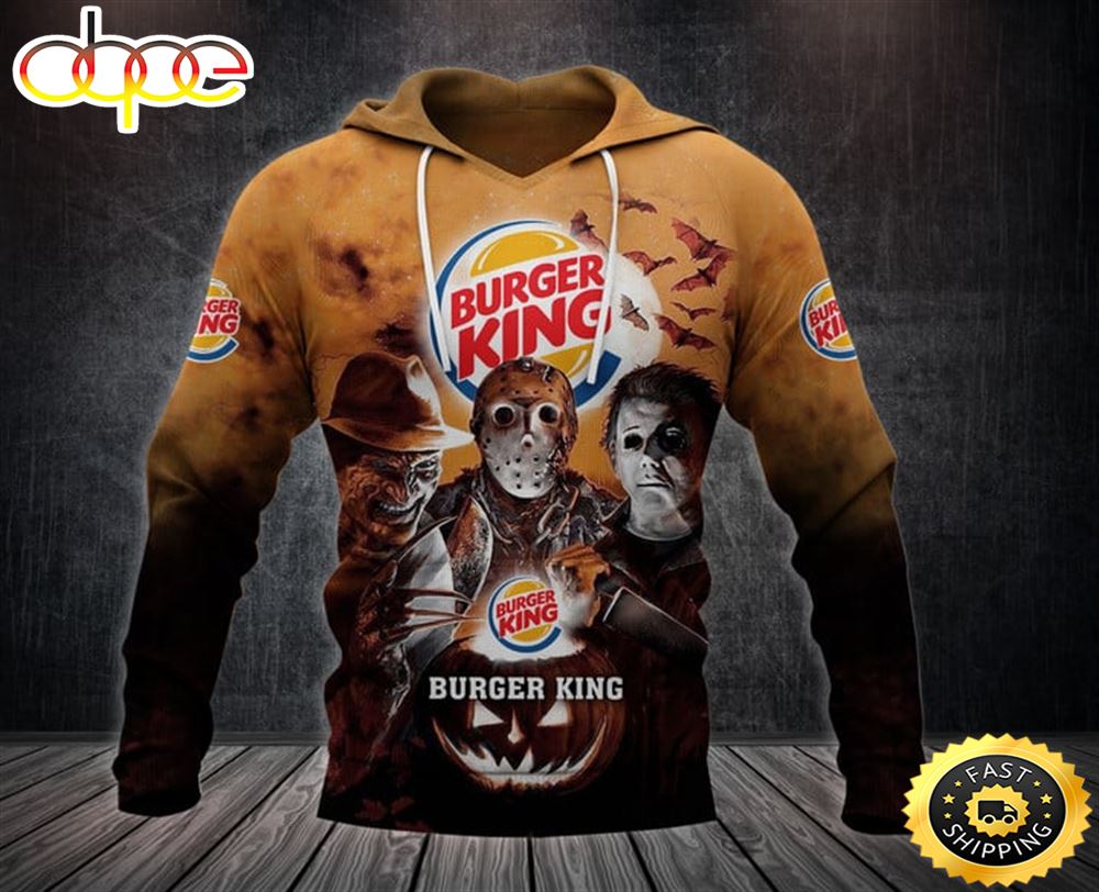Burger King Logo With Michael Myers And Freddy Krueger And Jason Voorhees Pumpkin Halloween All Over Print Hoodie Jydnjh