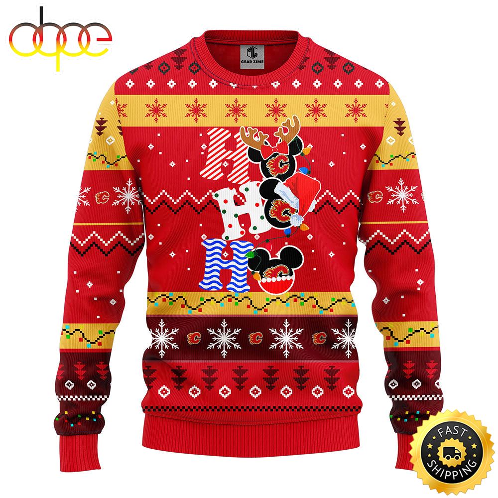 Calgary Flames Hohoho Mickey Christmas Ugly Sweater 1 Lcjeqq
