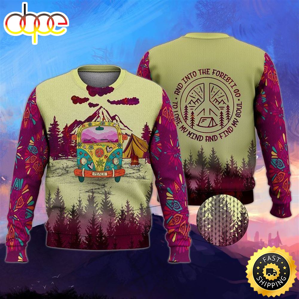 Campervan Into Forest Hippie Camping Ugly Christmas Sweater D0j7kd