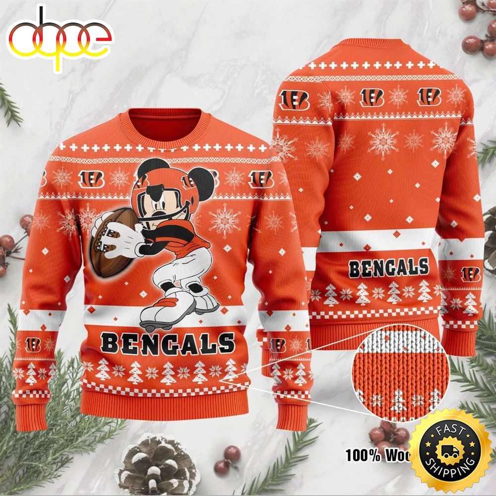 Cincinnati Bengals Funny Mickey Mouse Football NFL Christmas Ugly Sweater 1 Jyqeuz