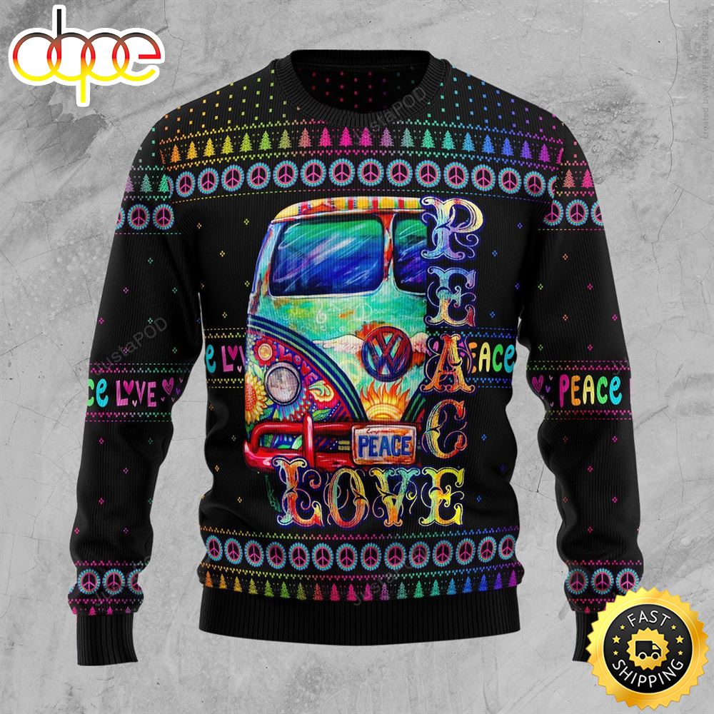 Colorful Hippie Peace Love Christmas Ugly Sweater Ehso5g