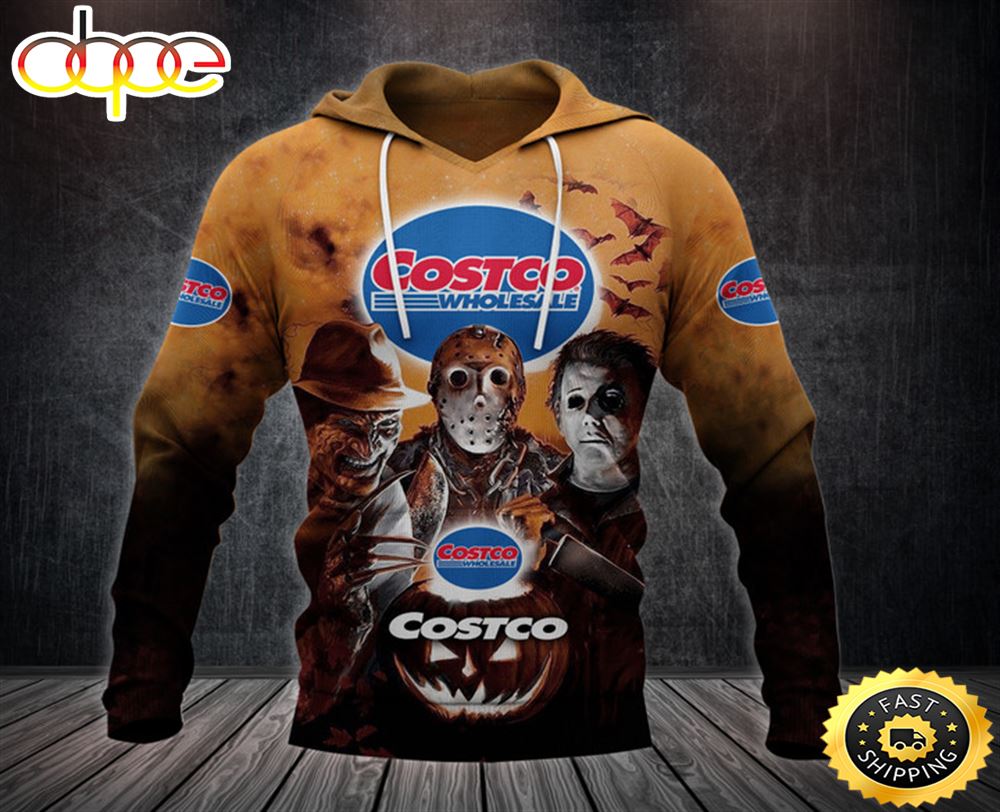Costco Wholesale Logo With Michael Myers And Freddy Krueger And Jason Voorhees Pumpkin Halloween All Over Print Hoodie Vzexdo