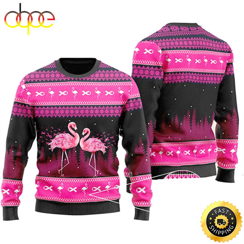 Couple Flamingo Breast Cancer Ugly Christmas Sweater Wrjog4