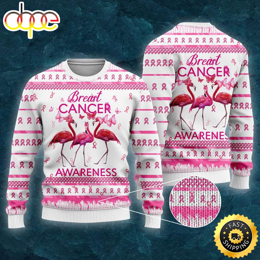 Flamingo Breast Cancer Awareness Ugly Christmas Sweater Hrrfuu