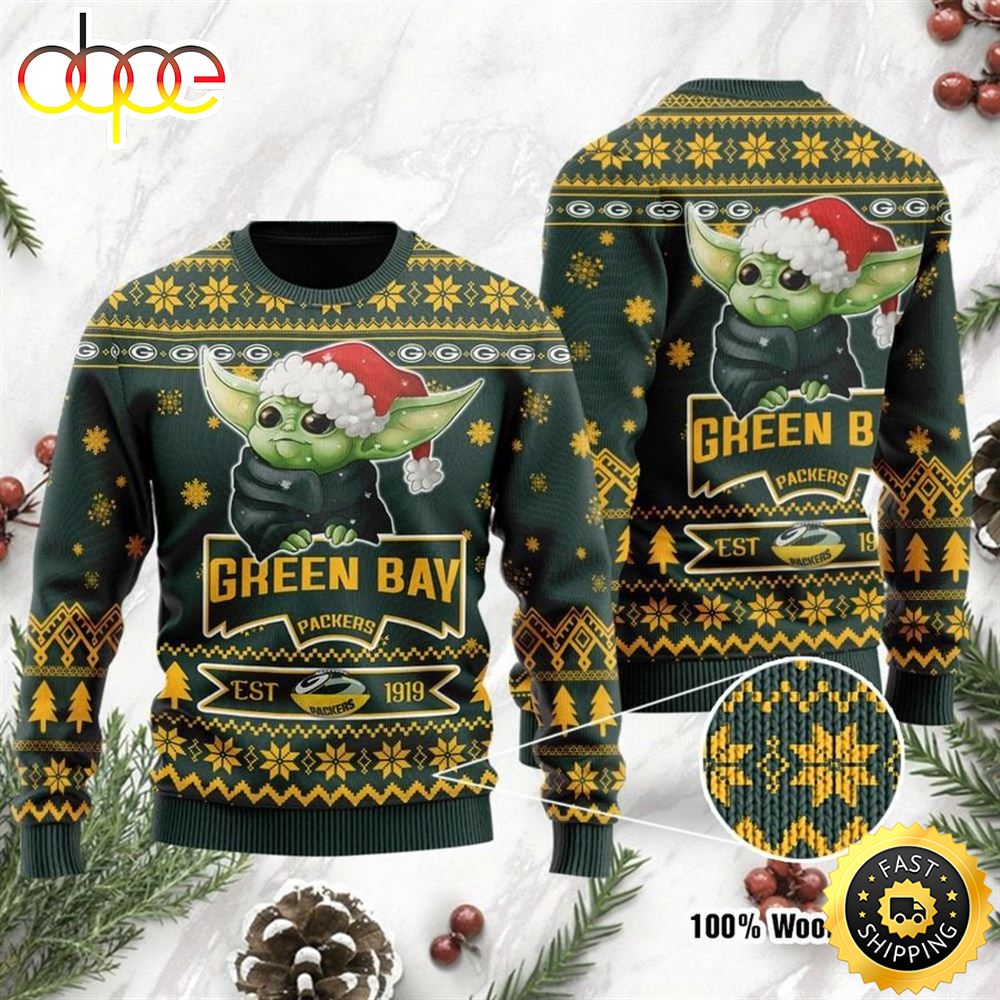 Green Bay Packers Cute Baby Yoda Grogu Holiday Party Ugly Christmas Sweater Gdjuhe