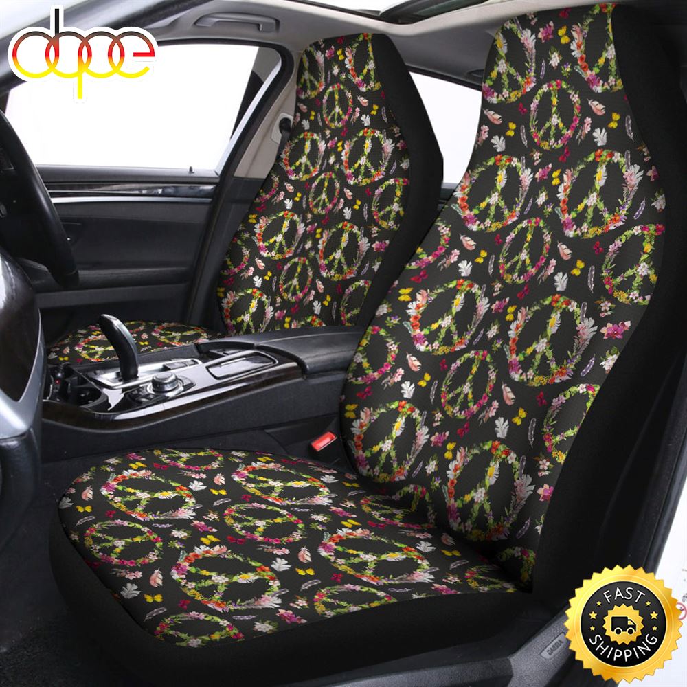 Hippie Peace Sign Flower Pattern Print Universal Fit Car Seat Covers –