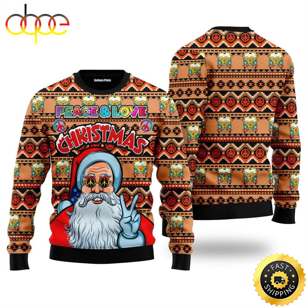 Hippie Santa Claus Peace And Love Ugly Christmas Sweater For Men Women Adult Pkvlen