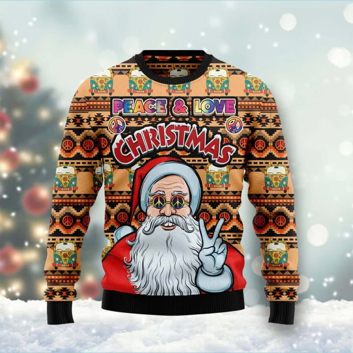 Hippie Santa Claus Peace And Love Ugly Christmas Sweater Ef5h41