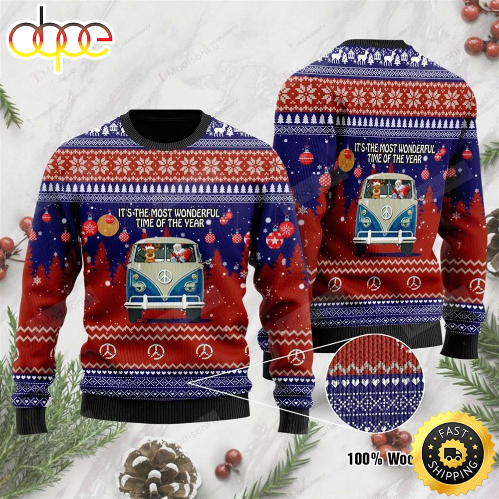 It S The Most Wonderful Time Of The Year Santa Claus In Hippie Car For Unisex Ugly Christmas Sweater Nr80fx