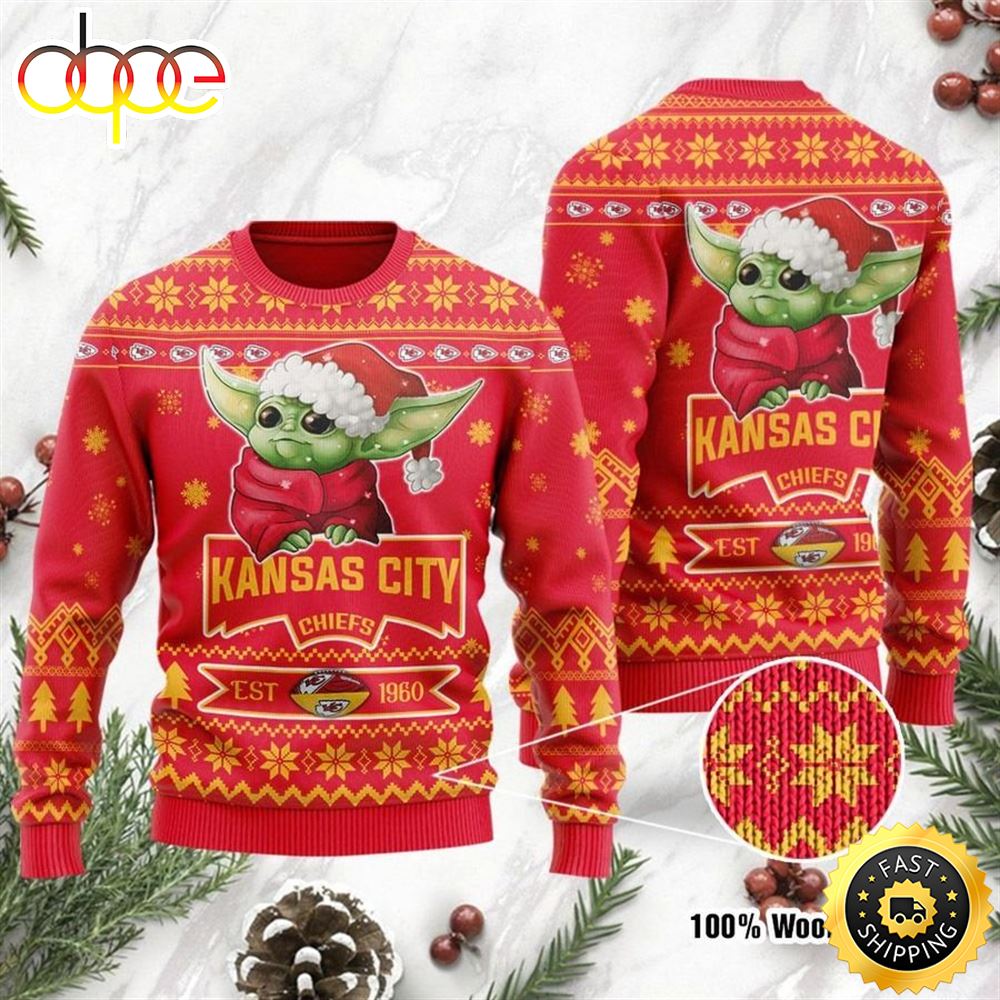 Kansas City Chiefs Cute Baby Yoda Grogu Holiday Party Ugly Christmas Sweater Wteeyd
