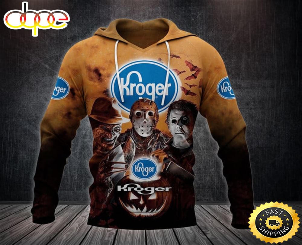 Kroger Logo With Michael Myers And Freddy Krueger And Jason Voorhees Pumpkin Halloween All Over Print Hoodie Vxba0m