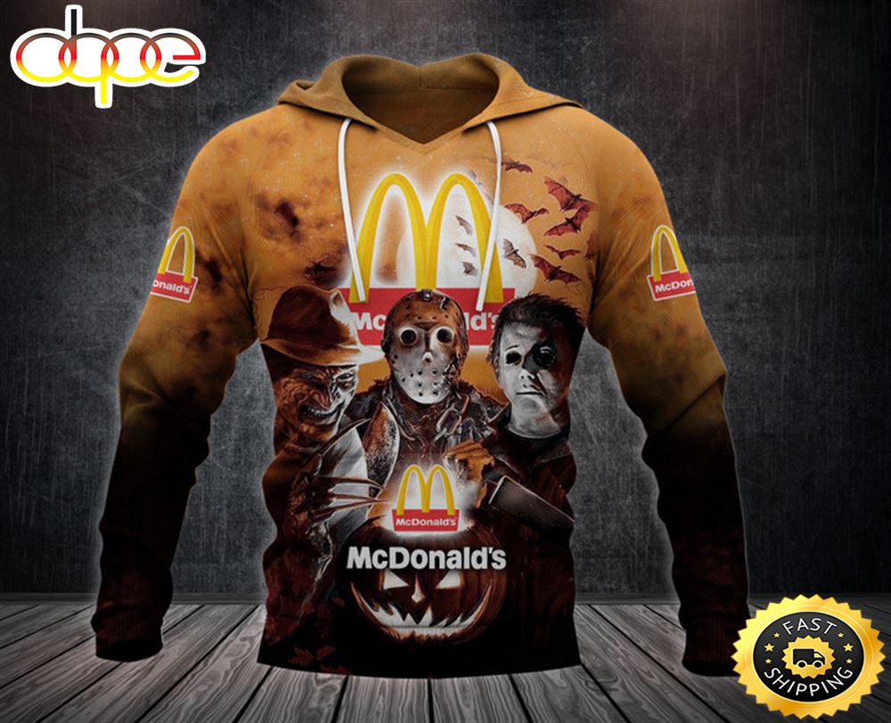 McDonald S Logo With Michael Myers And Freddy Krueger And Jason Voorhees Pumpkin Halloween All Over Print Hoodie Nqhusg