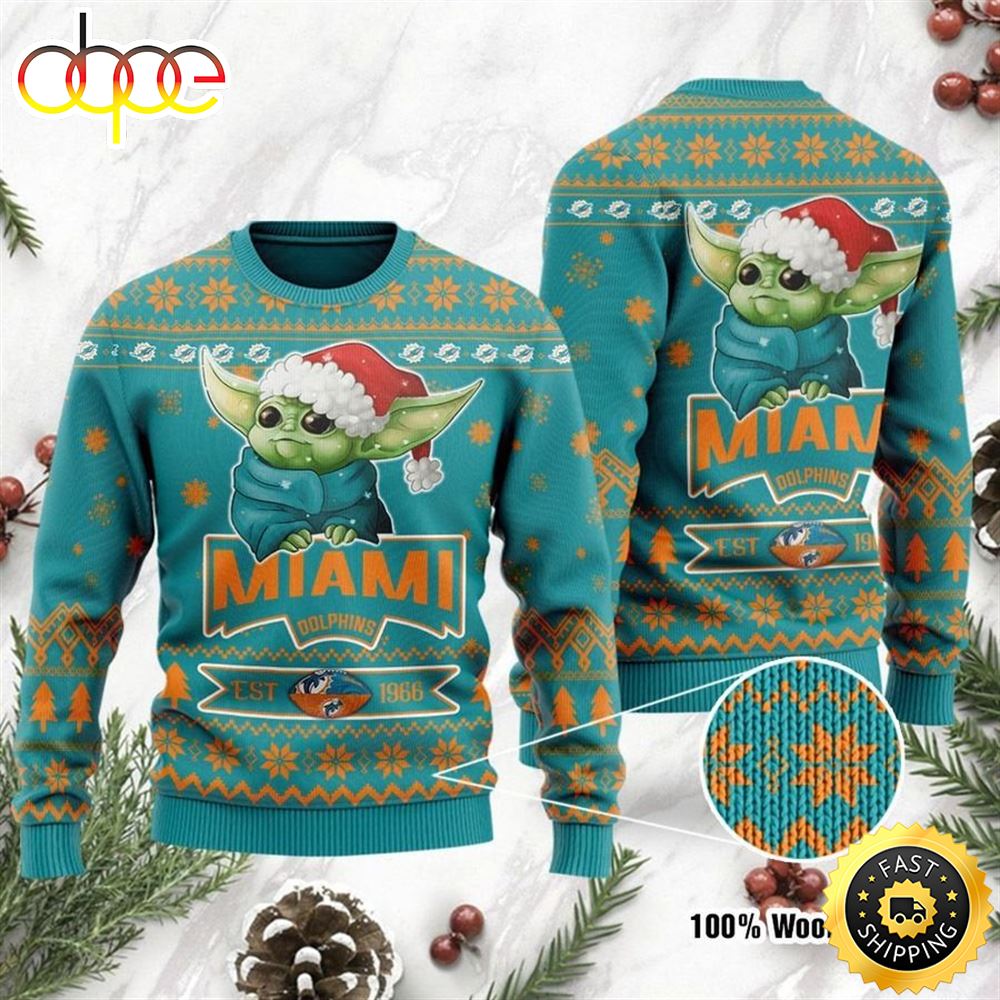Miami Dolphins Cute Baby Yoda Grogu Holiday Party Ugly Christmas Sweater Fjnaq3