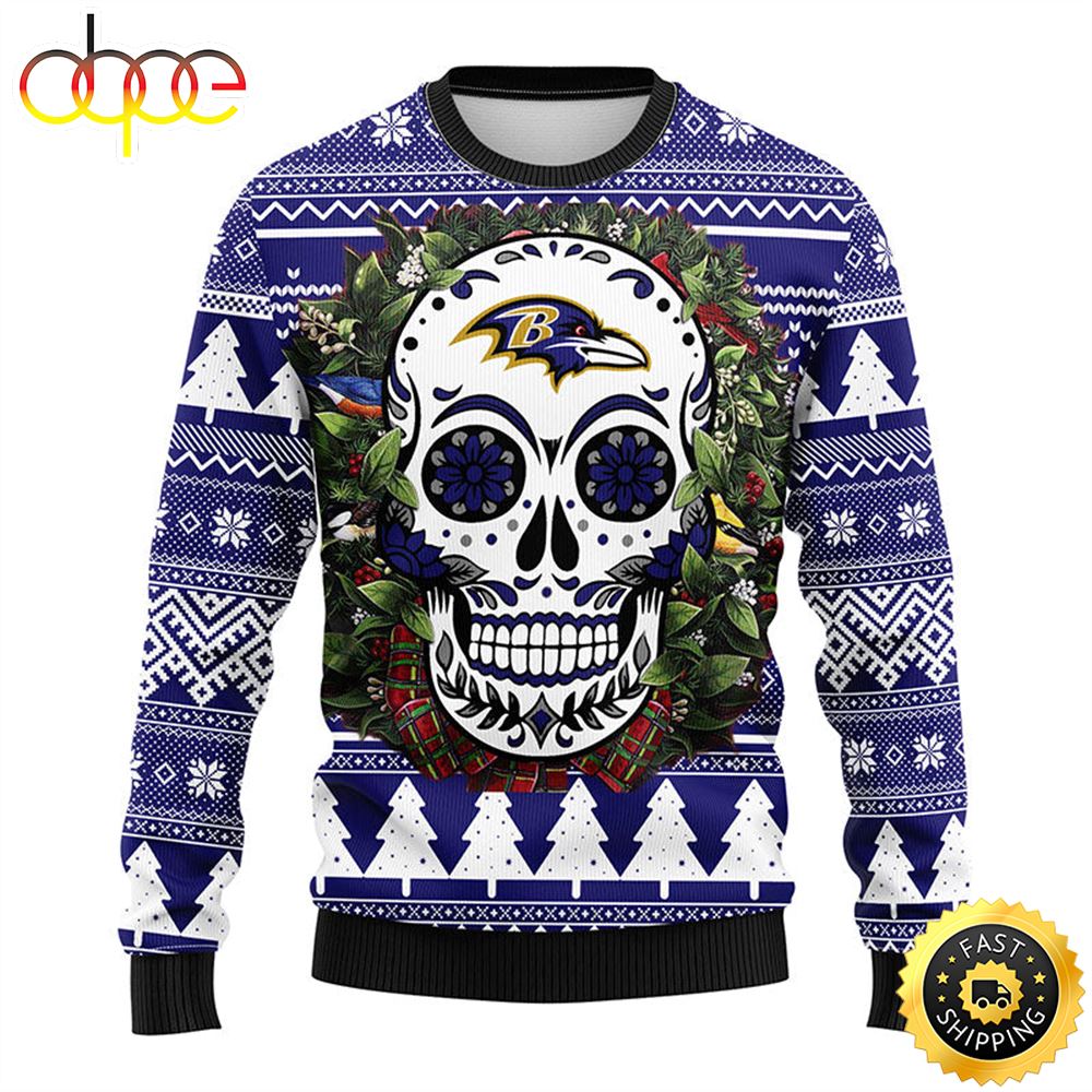 NFL Baltimore Ravens Skull Flower Ugly Christmas Ugly Sweater –