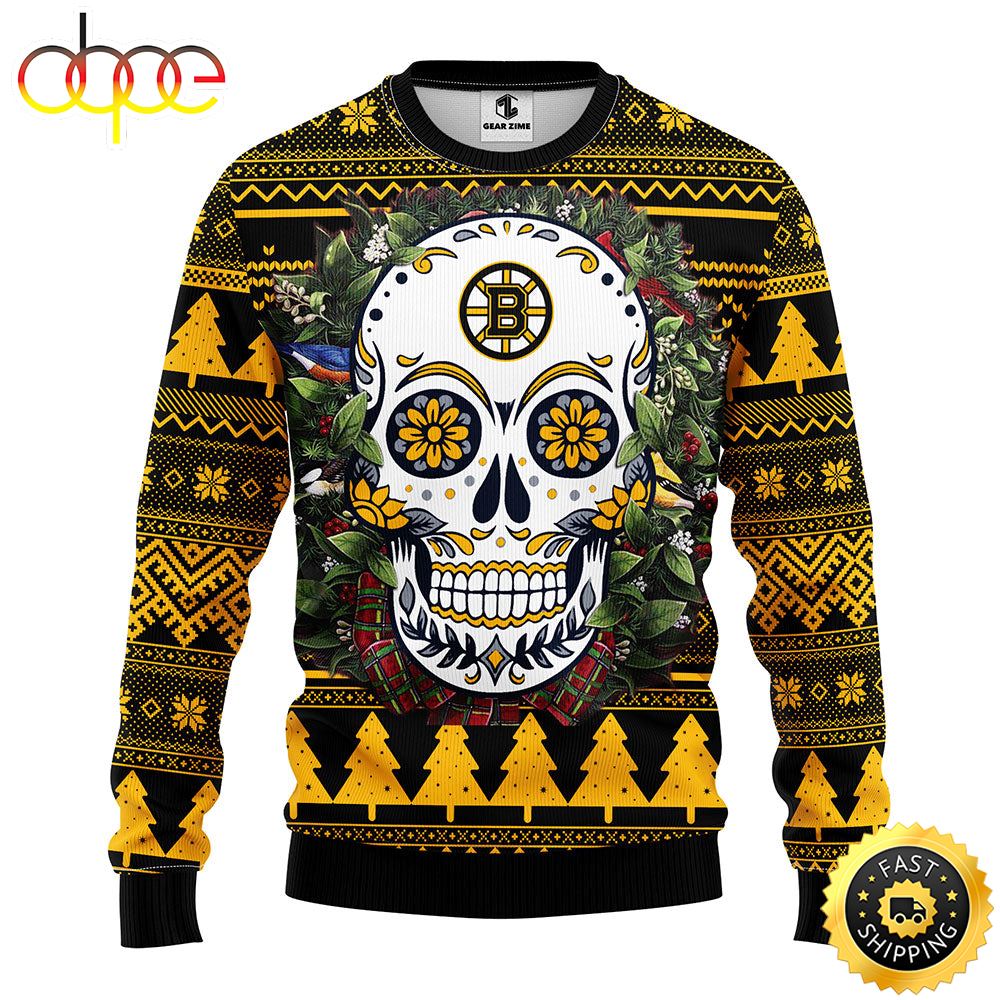 NFL Boston Bruins Skull Flower Ugly Christmas Ugly Sweater –