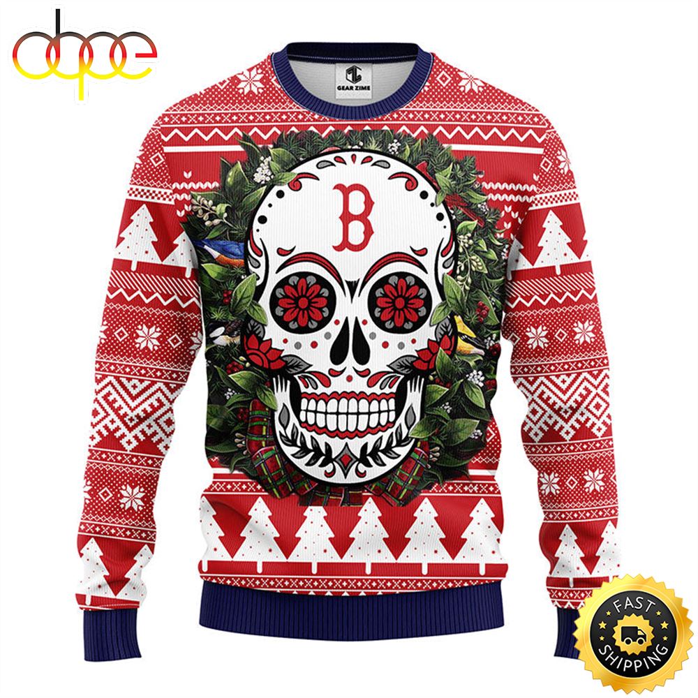 NFL Boston Red Sox Skull Flower Ugly Christmas Ugly Sweater Rvptpz