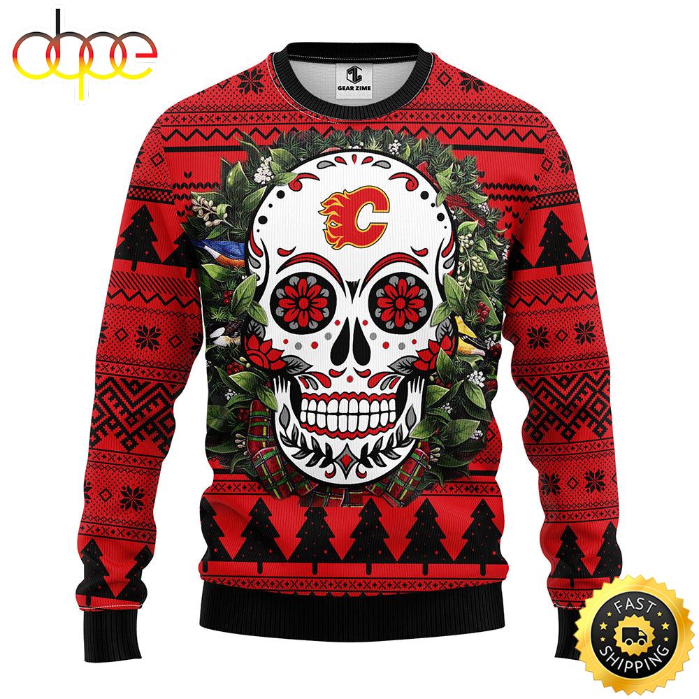 NFL Calgary Flames Skull Flower Ugly Christmas Ugly Sweater Icfwhr