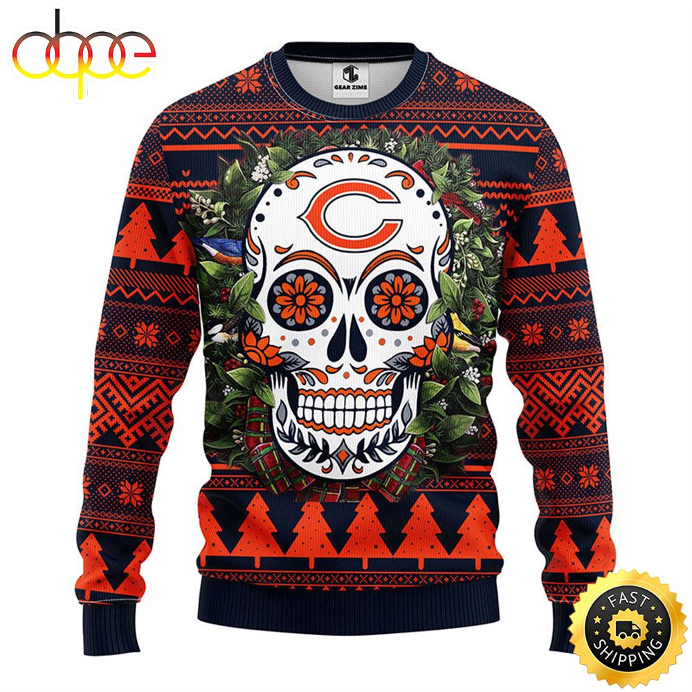 NFL Chicago Bears Skull Flower Ugly Christmas Ugly Sweater Fd7kac