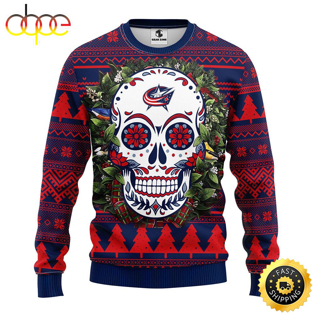 NFL Columbus Blue Jackets Skull Flower Ugly Christmas Ugly Sweater Bko7ey
