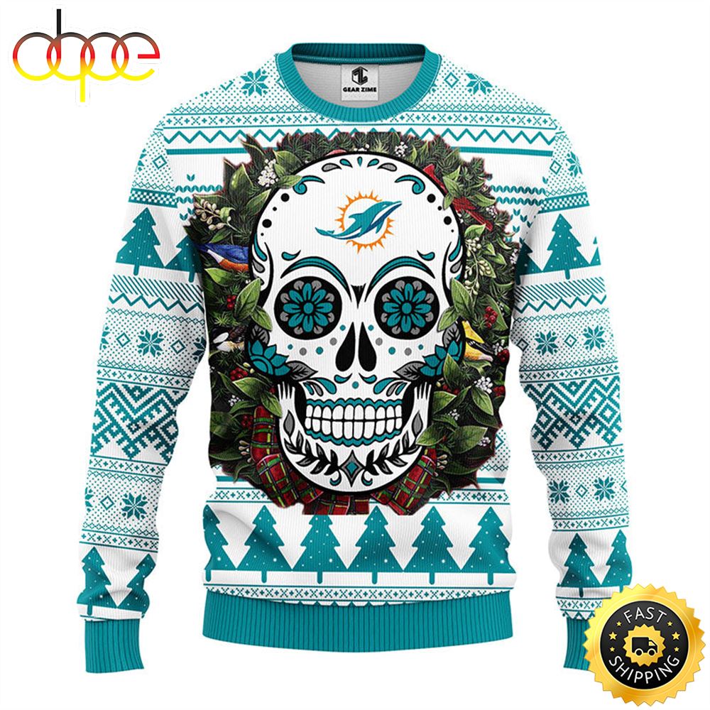 NFL Miami Dolphins Skull Flower Ugly Christmas Ugly Sweater J3p3qa