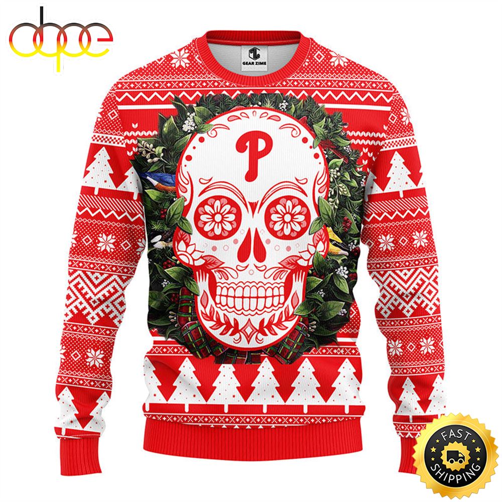 NFL Philadelphia Phillies Skull Flower Ugly Christmas Ugly Sweater Si2ezu