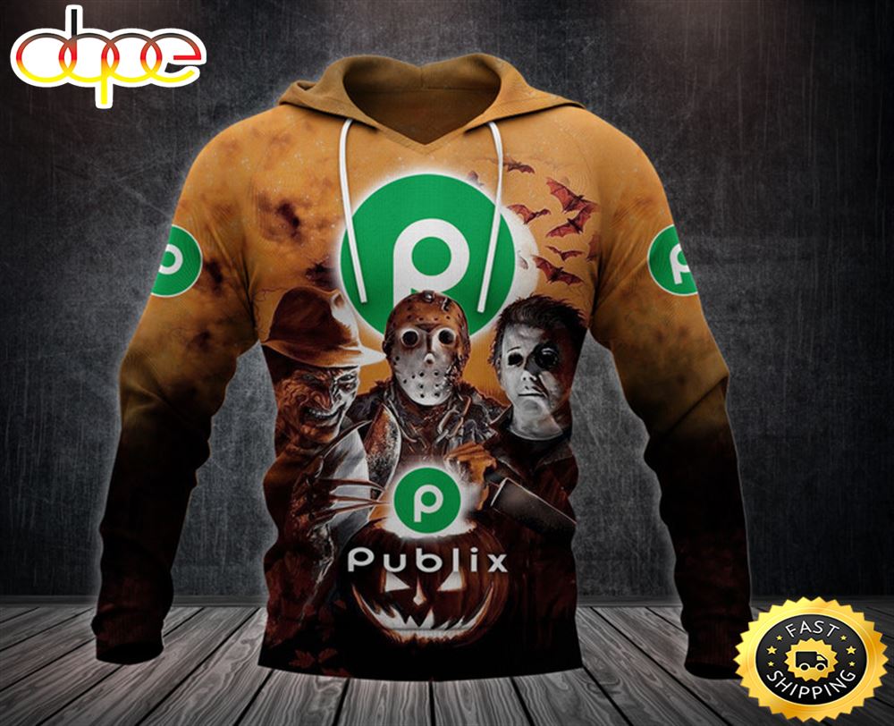 Publix Logo With Michael Myers And Freddy Krueger And Jason Voorhees Pumpkin Halloween All Over Print Hoodie Kky8dp