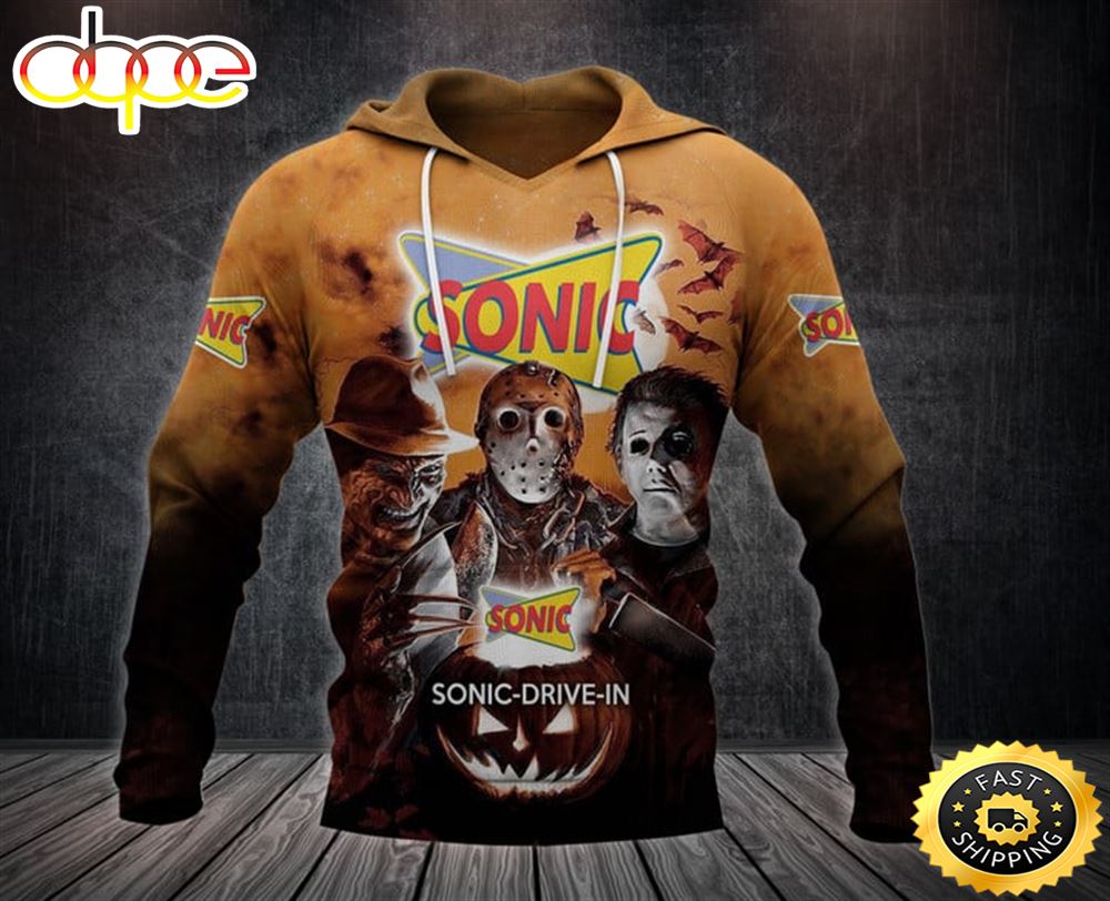 Sonic Drive In Logo With Michael Myers And Freddy Krueger And Jason Voorhees Pumpkin Halloween All Over Print Hoodie Vndvtf