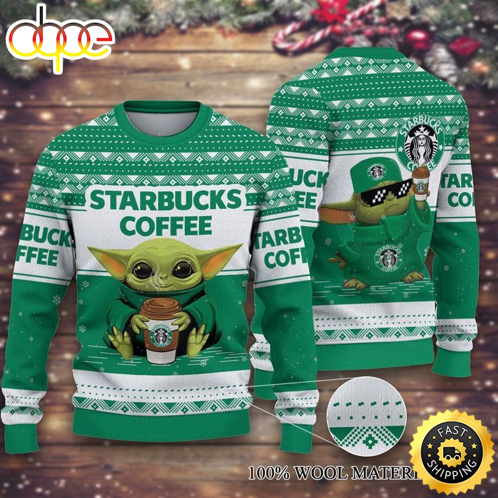 Starbucks Coffee Baby Yoda Merry Christmas Knitted Ugly Sweater P2v7uc