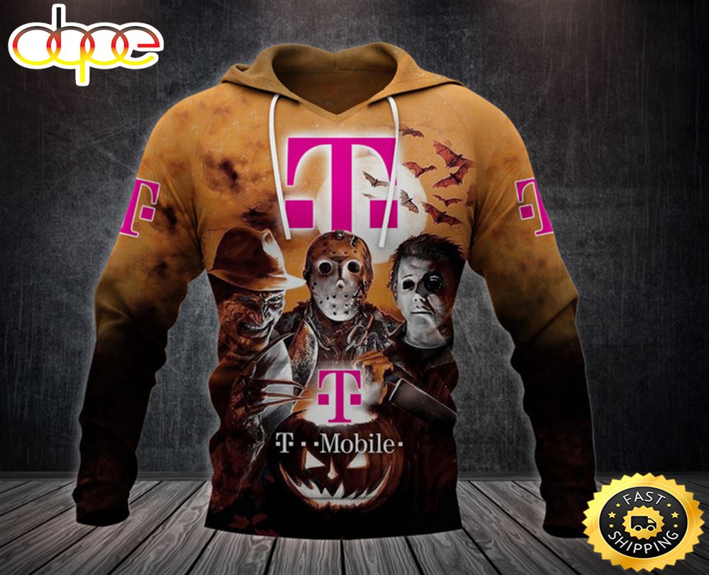 T Mobile Logo With Michael Myers And Freddy Krueger And Jason Voorhees Pumpkin Halloween All Over Print Hoodie Hlfk9p