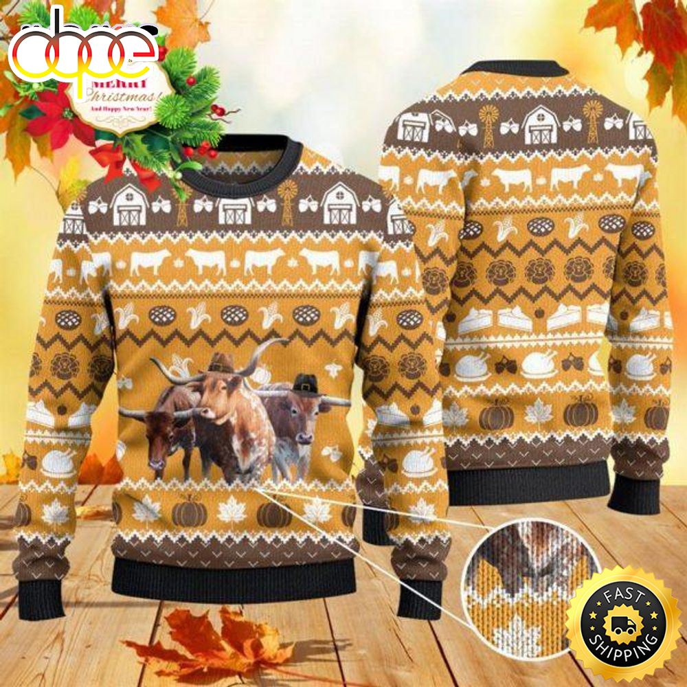 Texas Longhorn Cattle Thanksgiving Gift Ugly Christmas Sweater Hyxwnp