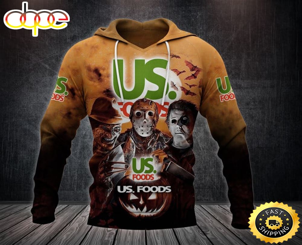 US Foods With Michael Myers And Freddy Krueger And Jason Voorhees Pumpkin Halloween All Over Print Hoodie M1hxkt