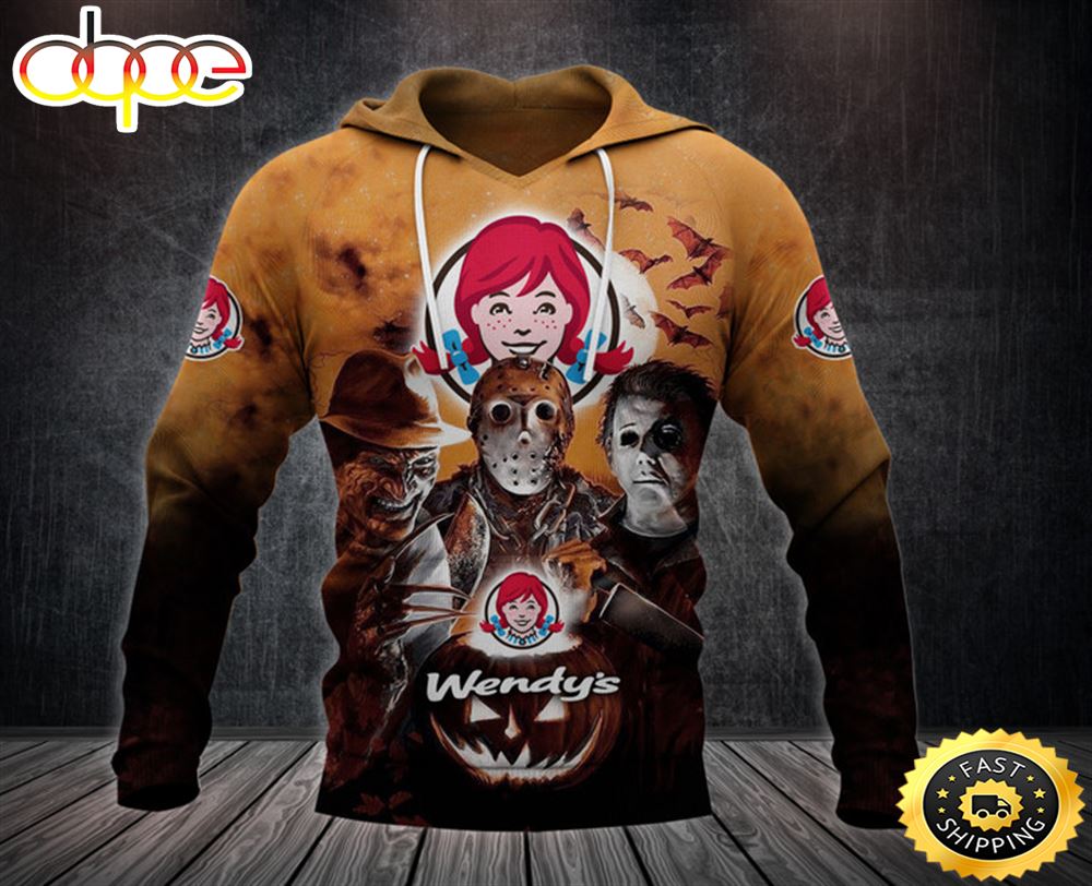 Wendy S Logo With Michael Myers And Freddy Krueger And Jason Voorhees Pumpkin Halloween All Over Print Hoodie Yobbut