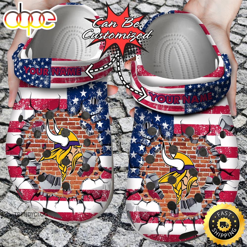Football Personalized MVikings American Flag Breaking Wall Clog Shoes Metdbb