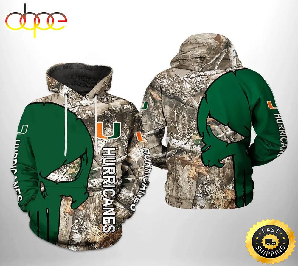 Miami Hurricanes Camo Veteran Hunting And Skull Punisher 3D Hoodie College Baseball Apparel Aexcjz