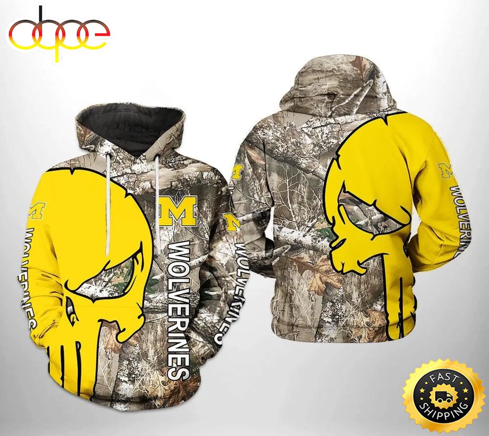 Michigan Wolverines Camo Veteran Hunting And Skull Punisher 3D Hoodie NCAA Gifts Hz43pq